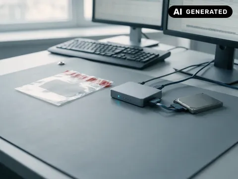 KI-generiertes Symbolbild: Hardware-Write-Blocker an einer ausgebauten SSD, daneben ein geöffneter Asservatenbeutel