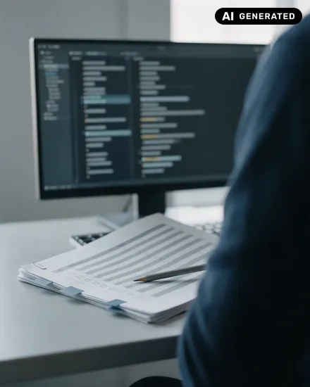 KI-generiertes Symbolbild: Ausgedrucktes Lastenheft mit Bleistift vor einem Monitor mit Code-Vergleich