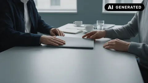 KI-generiertes Symbolbild: Zwei Personen am Besprechungstisch, eine Mappe mit Unterlagen wird übergeben