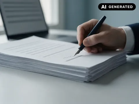 KI-generiertes Symbolbild: Ein technisches Gutachten wird mit Füller unterschrieben