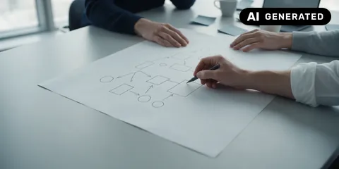 KI-generiertes Symbolbild: Drei Personen skizzieren eine Systemarchitektur auf einem großen Blatt Papier
