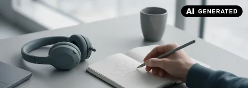 KI-generiertes Symbolbild: Notizbuch mit Skizze, Bleistift und Headset auf einem Schreibtisch