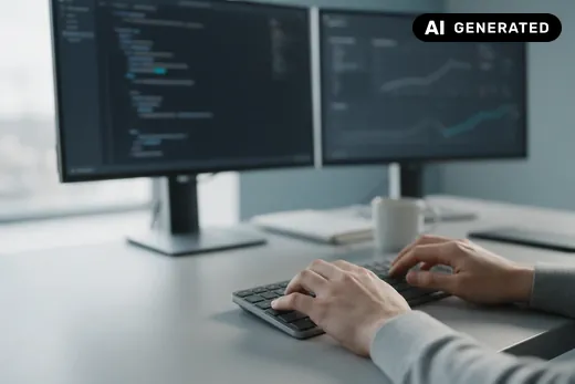 KI-generiertes Symbolbild: Hände tippen an einem Entwicklerarbeitsplatz mit Code-Editor und Monitoring-Dashboard